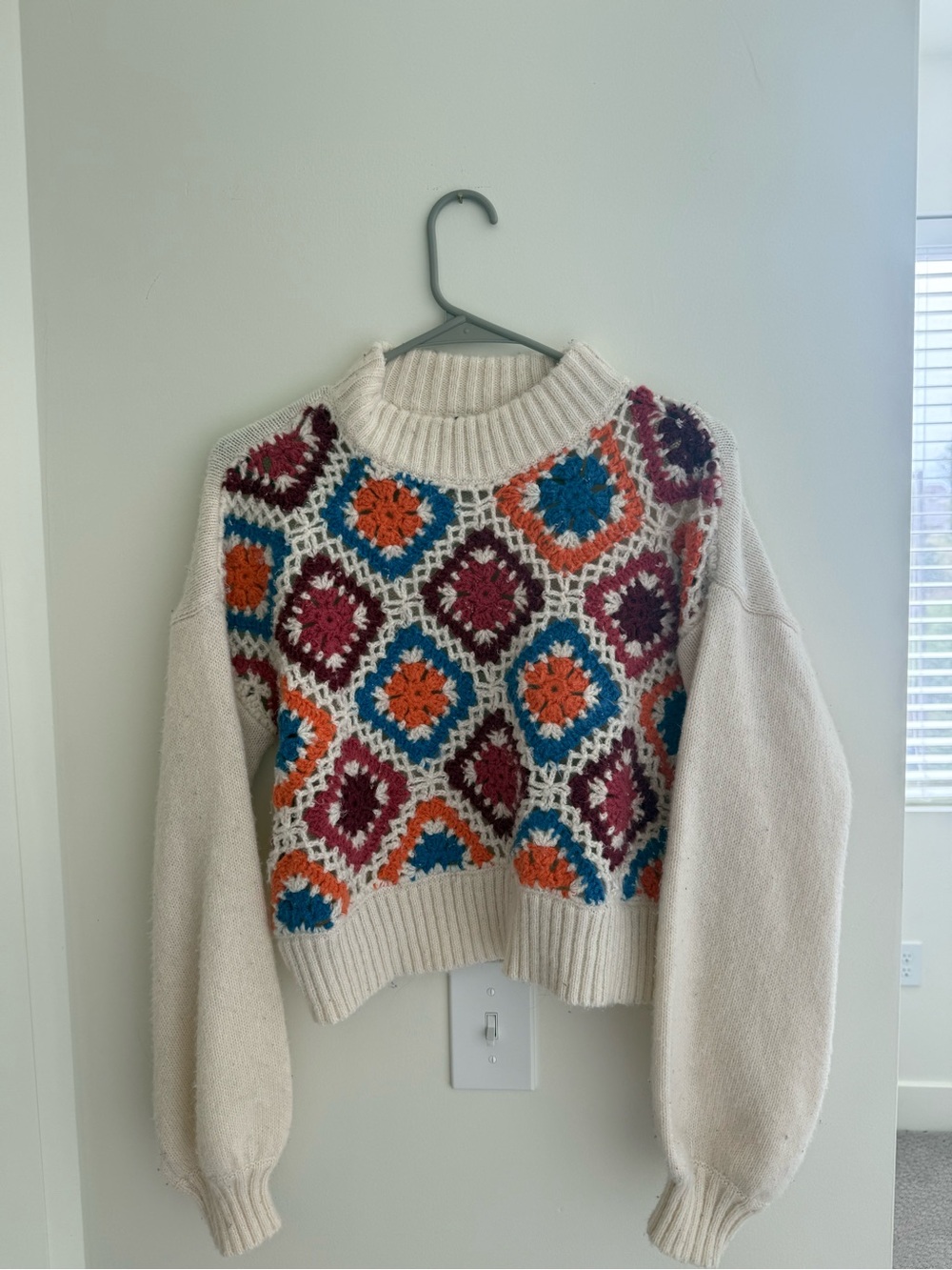 Cream Multicolor Crochet Panel Women's Sweater